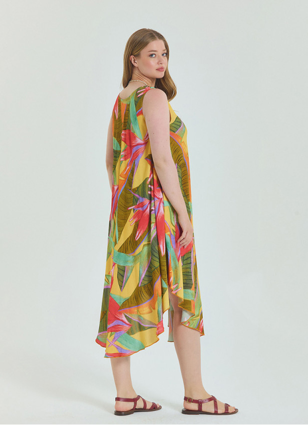 Boat Neck Loose Cut Yellow Plus Size Dress 4667